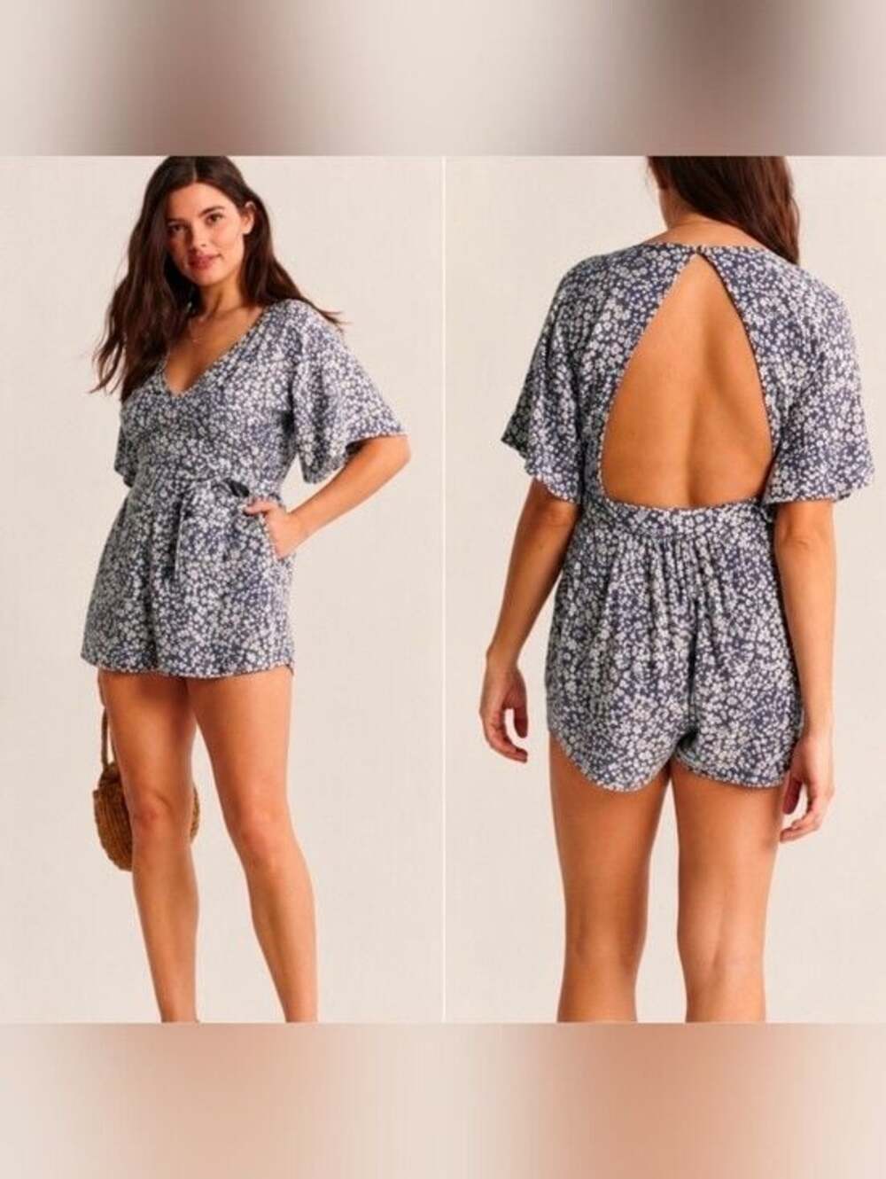 Abercrombie & Fitch NWT Open Back Blue Floral Coquette Romper Size L
